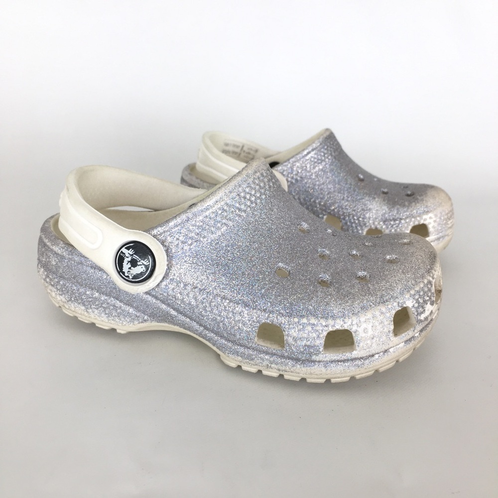 CROCS Girls Classic Clogs White Silver Rainbow Glitter Sandal Shoes Toddlers Sz8